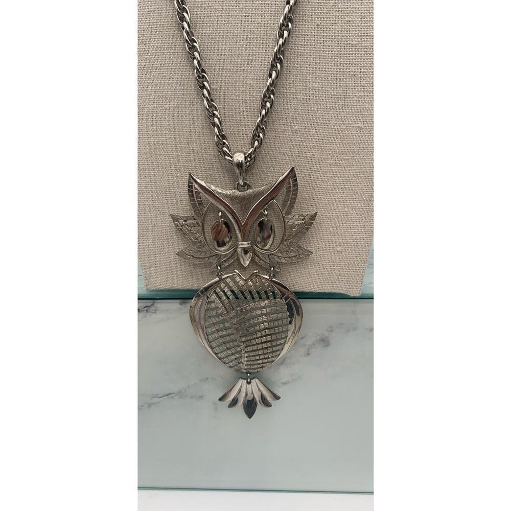Vintage Signed ALAN Silver Tone Articulated Owl Bird Pendant Chain Necklace‎